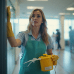 Commercial cleaning girl cleaning windows in chicago office