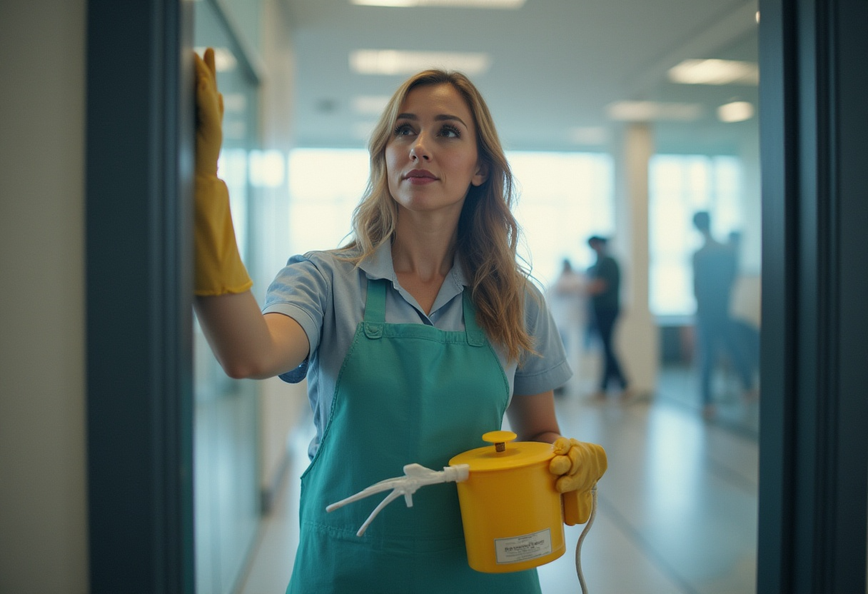 Commercial cleaning girl cleaning windows in chicago office