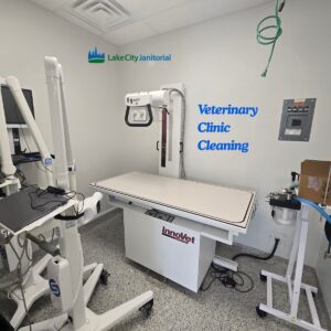 Professional janitorial team cleaning veterinary clinic lobby in Chicago to create a safe, odor-free environment