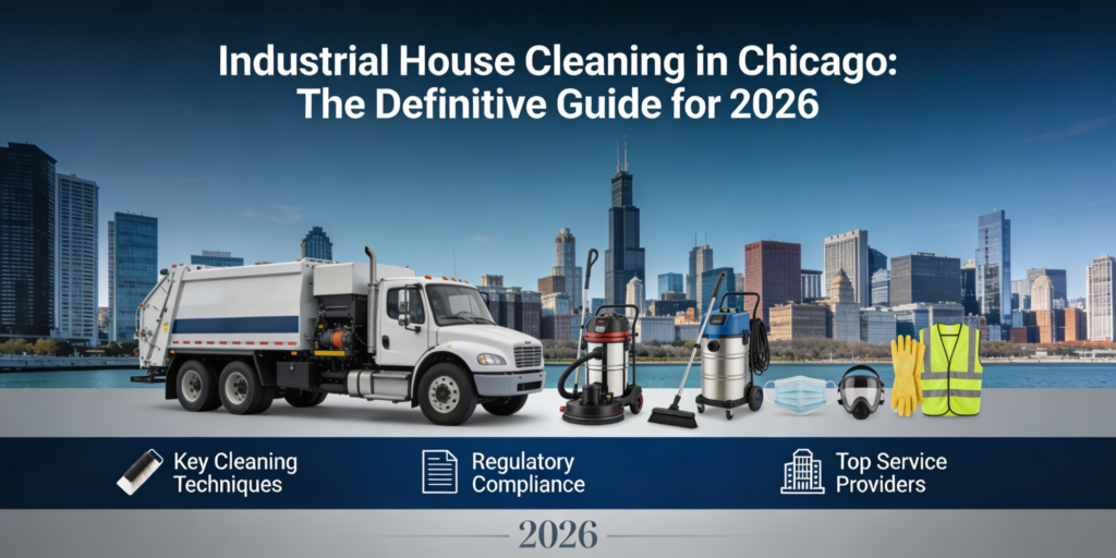 Industrial house cleaning crew operating auto scrubber on warehouse floor in Chicago facility to remove salt brine and grime